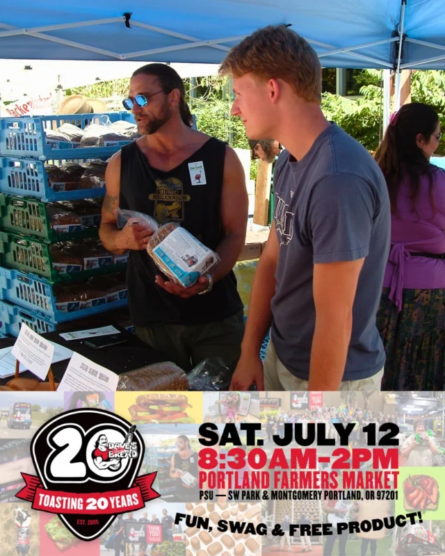 Join Dave's Killer Bread for a special celebration at PSU Farmers Market on Sat, July 12, 8:30 am - 2 pm!

Toasting 20 Years since the very first loaves were sold at the market!

The hometown favorite will make a special appearance serving up samples of DKB topped with fresh market ingredients, as well as its newest products, including snack bars and crunchy snack bites!

There will be a photo booth, coloring sheets for kiddos, and of course some killer swag! Plus you can enter for a chance to win a year’s supply of DKB! ❤

We hope to see you there!